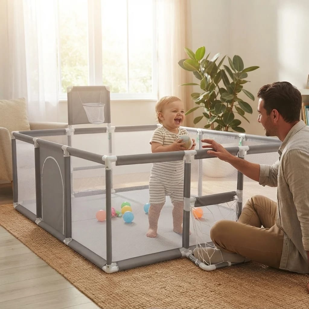 Baby playpen with basket ball hoop