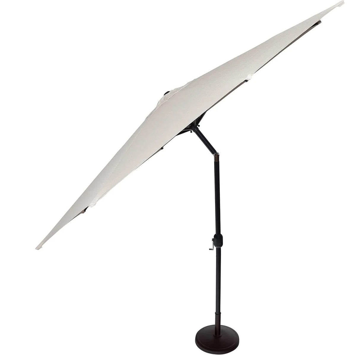 Outdoor table umbrella with push button tilt and crank