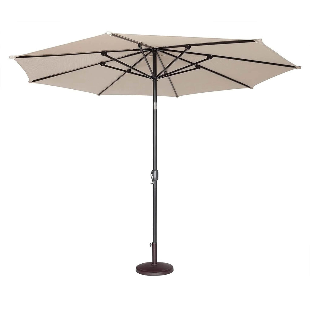 Outdoor table umbrella with push button tilt and crank