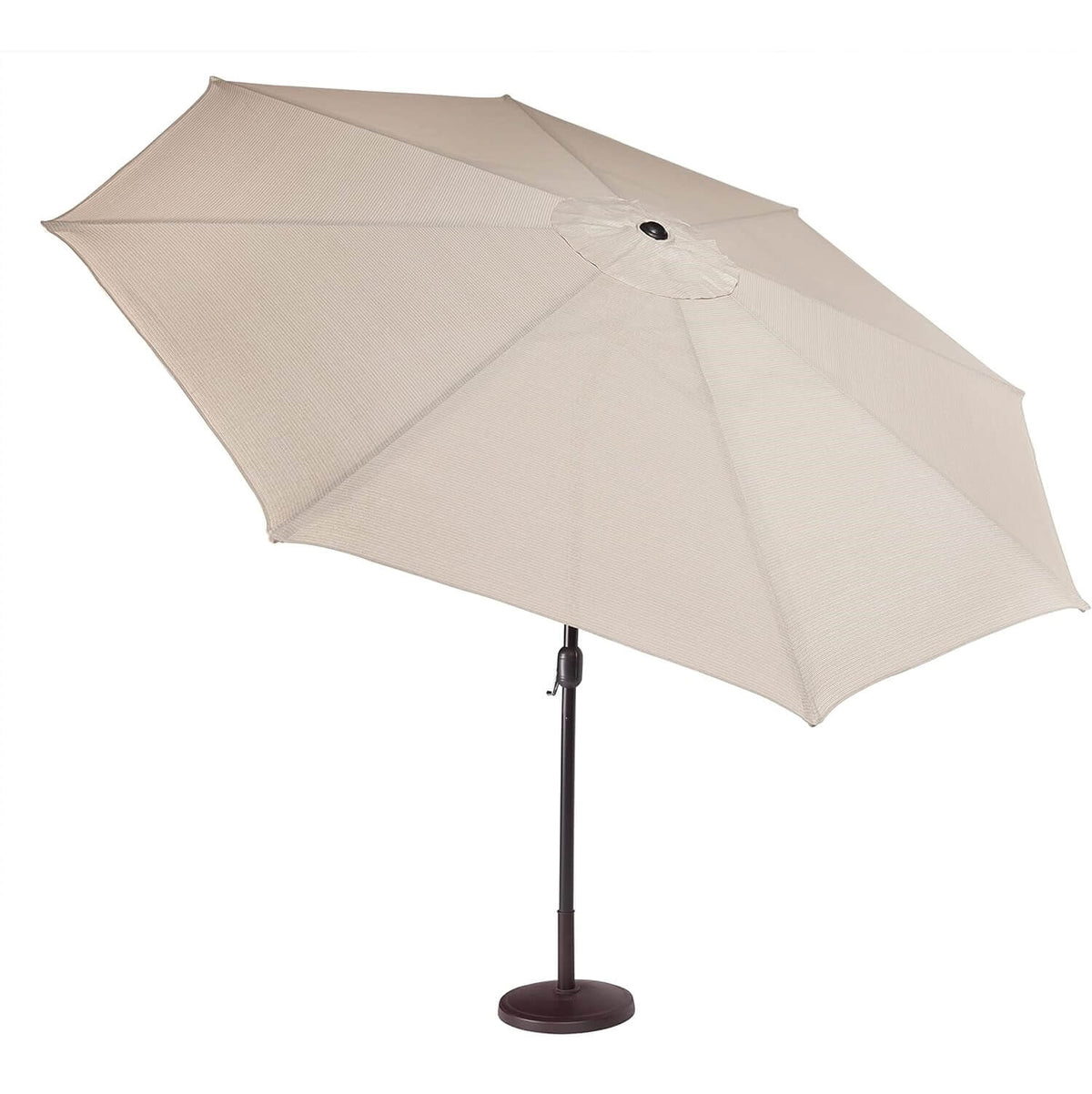Outdoor table umbrella with push button tilt and crank