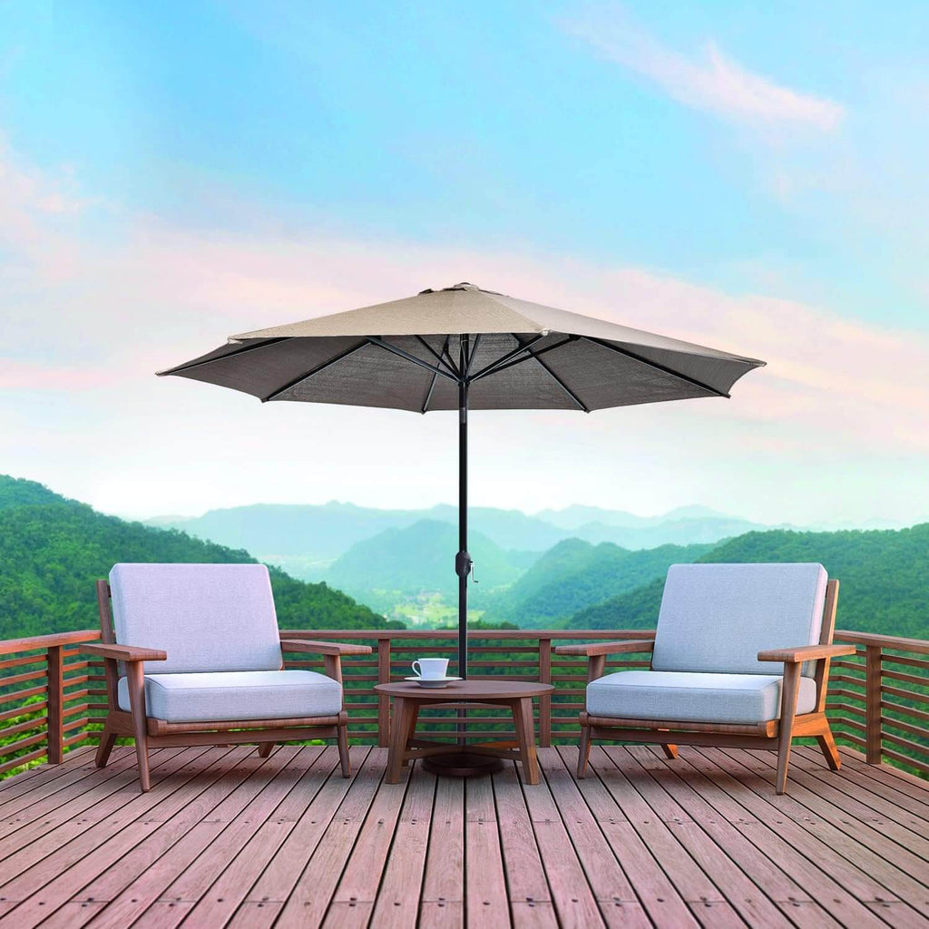 Outdoor table umbrella with push button tilt and crank