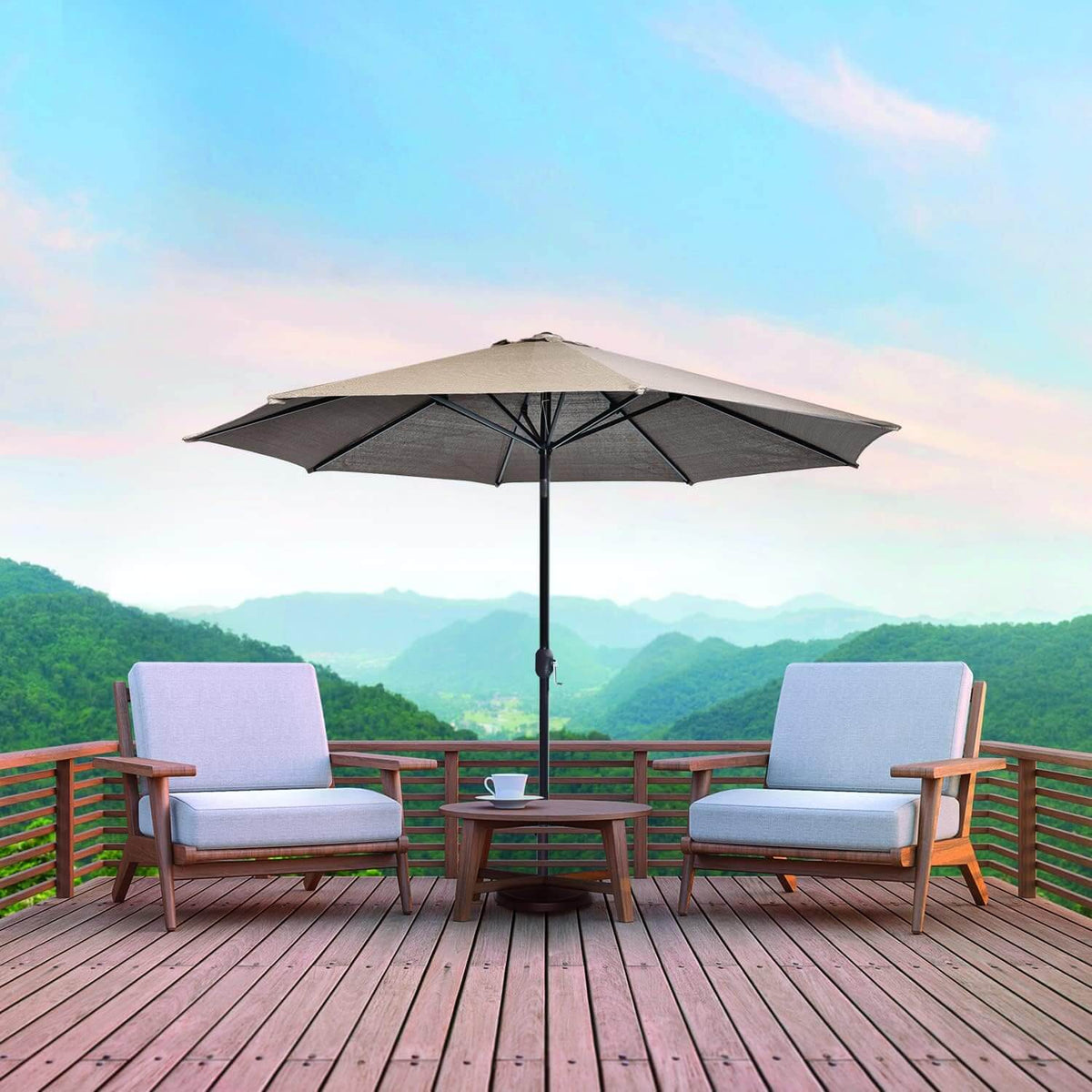 Outdoor table umbrella with push button tilt and crank